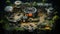 A top-down view of a heavily walled military tank camp in a clearing inside the jungle. Ceated with Generative AI