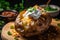 top down view of Loaded Baked Potato with sour cream