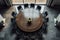 top-down view of a meeting table surrounded by chairs in an office or corporate environment.