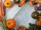 Top down view of multicolored carrots, fingerling Potatoes and Pumpkins in Autumn season