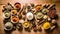 Top down view of a selection of spices, on wooden table