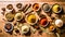 Top down view of a selection of spices, on wooden table