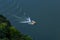 A top-down view of the speed of a motorboat sailing on water