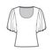 Top with elbow circle sleeves technical fashion illustration with relax fit, under waist length, round neckline. Flat