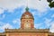 Top of Elkhart County courthouse with clock on blue sky day with fluffy white clouds, summer, IN-2