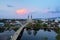 Top eye view Catholic Church with a beautiful sunset