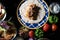 Top flatlay Low key moody shot showing roti paratha tortilla flatbread on glass plate surrounded by fresh vegetables