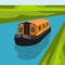 Top Front Side View Canal Boat on River Vector Illustration
