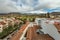 The top of highest church tower. Aerial view of the historic town of San Cristobal de La Laguna in Tenerife showing streets and