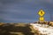 At the top of the hill, a pedestrian crossing sign and natural gray sky - what is on the other side?