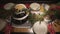Top panorama view on excellent decorated Christmas cake dinner table for New Year celebration family festive atmosphere