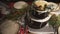 Top panorama view on wonderful decorated Christmas cake dinner table for New Year celebration family festive atmosphere