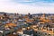 Top panoramic view of the Barcelona landscape. Europe, Barcelona, Spain. Historical buildings in the background