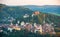 Top panoramic view of old city in Sighisoara, Transylvania, Romania at evening