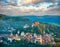 Top panoramic view of old city in Sighisoara, Transylvania, Romania at evening