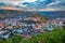 Top panoramic view of old city in Sighisoara, Transylvania, Romania at evening