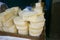 Top quality Peruvian organic cheeses in a market stall in the city of Cusco, Peru.