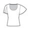 Top with short circle sleeves technical fashion illustration with relax fit, under waist length, round neckline. Flat