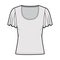Top with short circle sleeves technical fashion illustration with relax fit, under waist length, round neckline. Flat