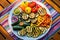 top shot of a melamine platter filled with an assortment of grilled veg on a picnic table