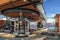 Top ski lift station of Gorky Gorod mountain ski resort. Scenic sunny day view of ski lift cabins at winter