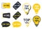 Top tip icon set. Yellow lightbulb icons with top tips text inside. Quick tips, helpful tricks, vector logos, emblems and banners