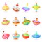 Top toy vector kids whirligig humming spinner colorful spinning playing game illustration set of cartoon childish twirl