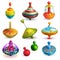 Top toy vector kids whirligig humming spinner and playing colorful spinning game illustration set of cartoon childish