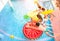 Top view of active friends jumping at swimming pool party - Vacation concept with happy guys and girls having fun in summer day