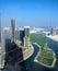 Top view Aerial shot of famous landmarks, towers and skyscrapers in Al Reem island