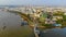 Top view aerial view love bridge or Ninh Kieu quay of downtown in Can Tho City, Vietnam with development buildings, transportation