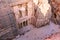 Top view of Al Khazneh - the treasury, ancient city of Petra, Jordan. Nabatean rock-cut temple of Hellenistic period of ancient