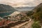 Top view from the ancient stone fortress on Bay of Kotor, mountains and sky