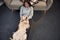 Top view. Animal is lying down, happy. Woman is with golden retriever dog at home