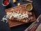 Top view of an appetizing kebab on a wooden board