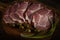 Top view of Appetizing piece smoked pork neck with green onions and olives