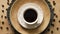 Top view of aromatic black coffee on decorative plate on wooden table