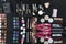 top view of arranged various makeup equipment