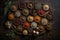 Top view of assorted fragrant spices laid out in bowls on the table