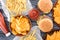 top view of assorted junk food on wooden table