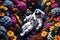 top view of an astronaut lying in a vibrantly colored flower garden, contrasting the concept of relaxation in space