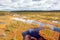 Top view of autumn landscape. Huge bog in Estonia