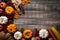 Top view of Autumn maple leaves with Pumpkin, apple, corn