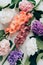 top view of background with colorful hortensia and gladioluses flowers on marble