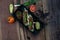 Top view of baked tortillas with black beans, tomato, cilantro, red onion, avocado and assorted spices served with avocado dip