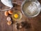 Top view Baking ingredients on wooden background.