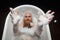 Top view of a bald man with a red beard splashing in the foam bath. Humorous photo. A parody of glamorous girls.