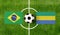 Top view ball with Brazil vs. Gabon flags match on green soccer field