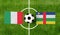 Top view ball with Italy vs. Central African republic flags match on green football field