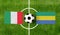 Top view ball with Italy vs. Gabon flags match on green football field